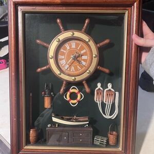 Vintage Maritime-Themed Diorama Shadow Box Featuring a Central Ship Wheel Clock